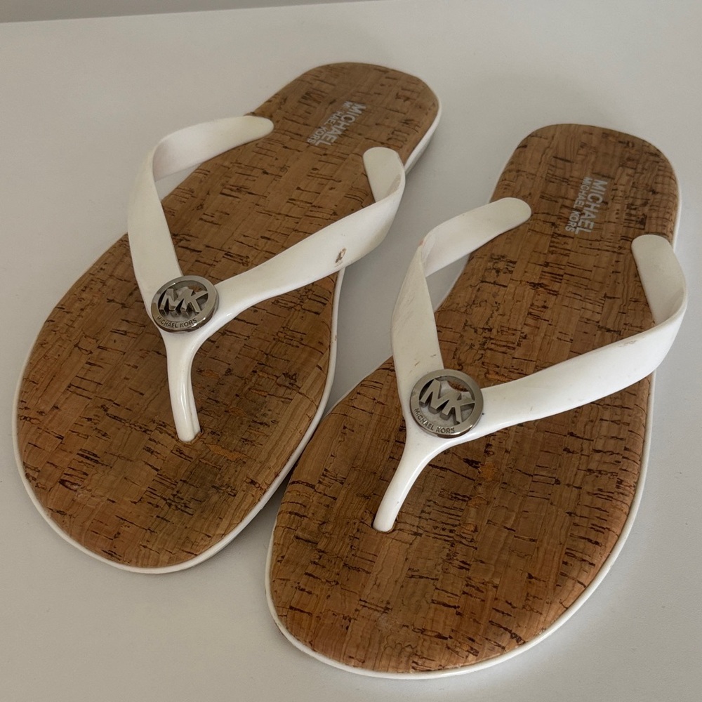 Michael Kors White and Cork-Print MK Logo Thong Sandals